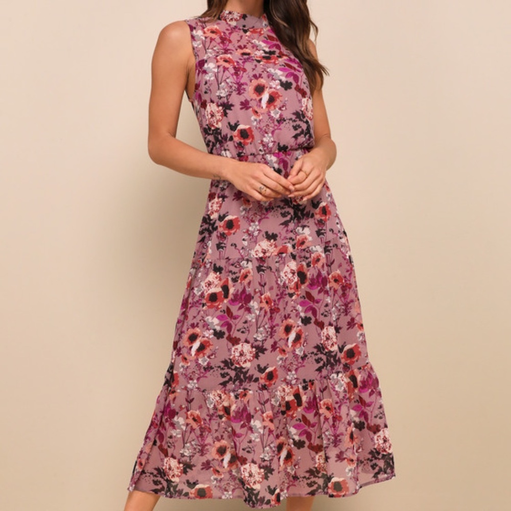 Lulus In My Dreams Mauve Floral Print Midi Dress Purple - Size L